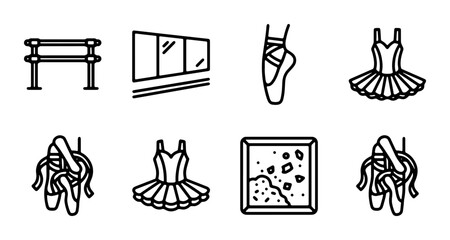 Ballet Icons Set: Pointe Shoes, Tutus, Bench, Stage Elements, Vector Graphics © Sumon