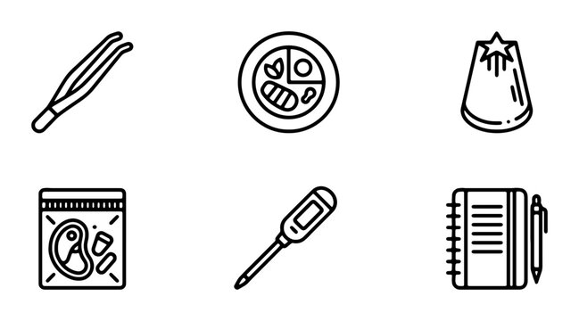 Food Safety Icons: Tweezers, Meal Plate, Party Hat, Vacuum Seal Bag, Thermometer, Notebook