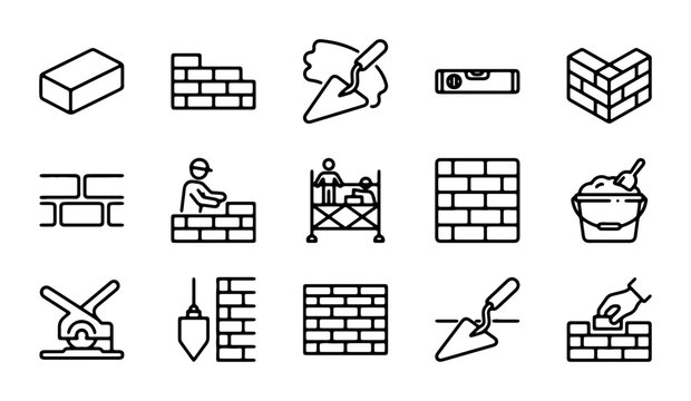 Masonry Icons Set: Bricklaying Tools, Construction Workers, Building Materials, 15 Vector Elements