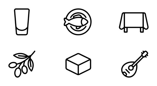 Greek Restaurant Icons Set: Food, Drink, Music, Table, Olives, Shot Glass Vector