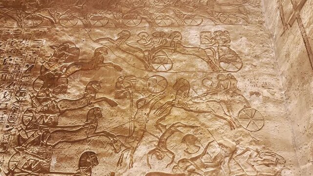 Interior decoration and statues in the Abu Simbel temple, a landmark in Nubia built by King Ramesses II, Egypt.