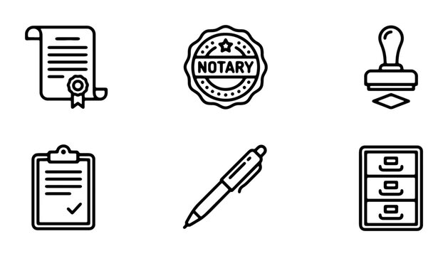 Legal Document Icons: Notary Stamp, Certificate, Filing Cabinet, Pen, Clipboard for Law & Business