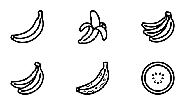 Simple Banana Icons Set, Tropical Fruit Line Art Collection, Healthy Food Vector Graphics
