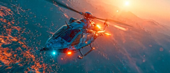 Obraz premium Helicopter flies low over rugged mountain terrain. 64k 8k widescreen, HDR,