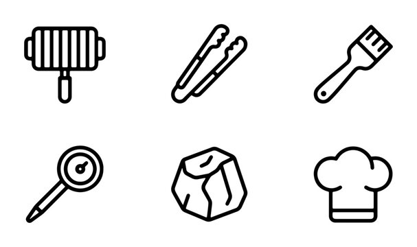 Barbecue Grill Tools Set, Cooking Utensils Icons, Chef Hat, Meat Thermometer, Tongs, Brush, Vector Graphics