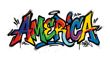 Obraz premium Colorful graffiti-style text reading 'America' with bold lines and vibrant hues on a white background.