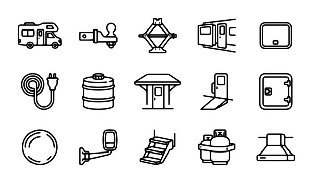RV Camper Parts Icons, Camping Vehicle Accessories, Travel Trailer Components, Motorhome Equipment Set