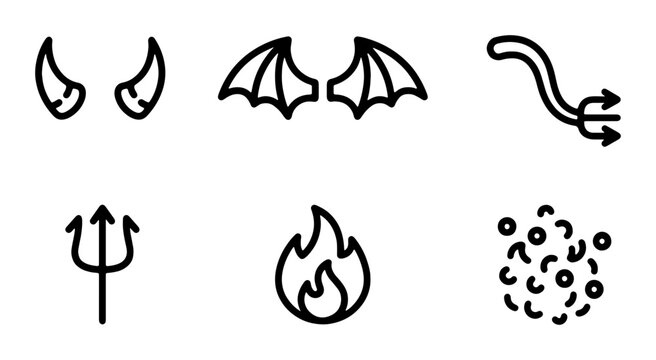Devil Horns, Wings, Trident, Fire Icons Set: Spooky Halloween Graphic Elements