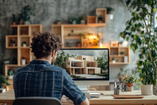 Man with curly hair sits at a desk looking at a computer screen displaying architectural renderings of a modern house.