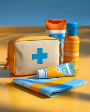 Travel first aid kit and sunscreen essentials with folded itinerary