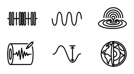 Seismic Wave Icons, Earthquake Seismograph Vector Graphics, Earth Core Layers, Signal Transmission Symbols © Khokon