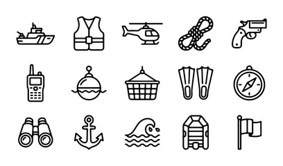 Maritime Safety Icons Set: Coast Guard Boat, Life Vest, Helicopter, Rope, Gun, Radio, Buoy, Basket, Fins, Compass, Binoculars, Anchor, Wave, Raft, Flag © Khokon