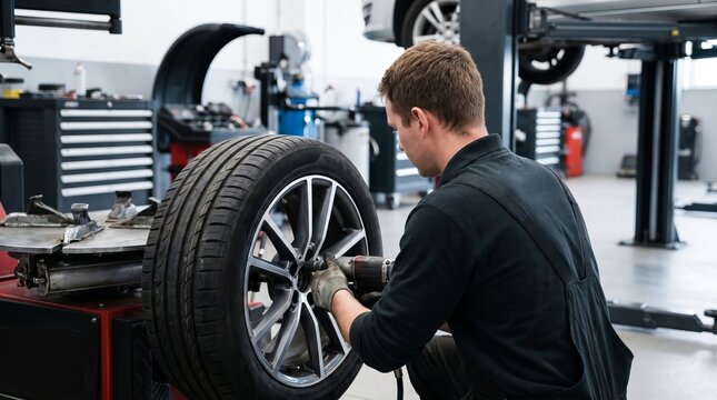 Mechanic repairing car tire inside automotive workshop, focused maintenance work, vehicle service industry, transportation repair and mechanical expertise concept