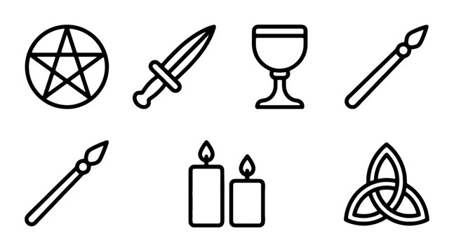 Wiccan Symbols Set, Pentagram, Athame, Chalice, Wand, Candles, Trinity Knot Icons