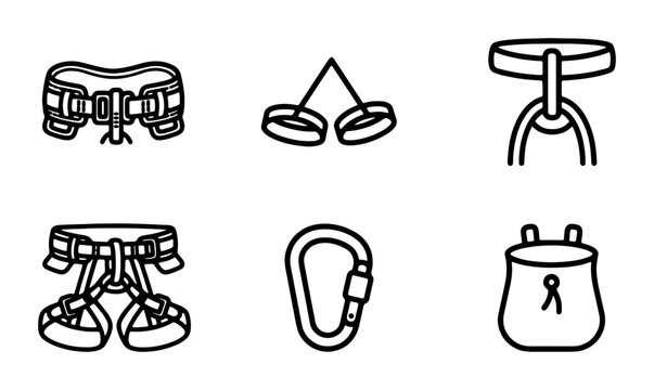 Climbing Gear Icons: Harness, Carabiner, Belay Device, Chalk Bag, Ascender, Descender Vector Set