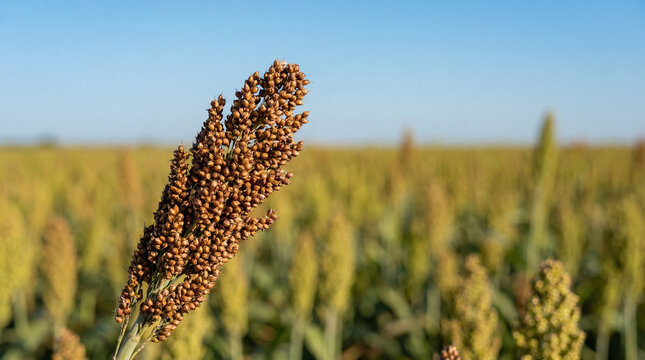 Close-up of ripe sorghum grain head, ready for harvest in a sunny agricultural field under a clear blue sky