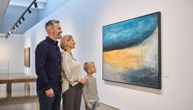 Family Enjoying Modern Art Together in Gallery Setting with Bright Colorful Abstract Painting in Background
