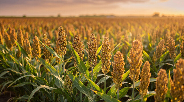 Golden sorghum field basking in the warm light of sunset, showcasing agriculture and the promise of harvest