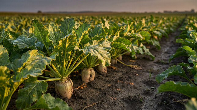 Lush green sugar beet plants growing in a fertile field during golden hour. Perfect for agriculture, farming, and food industry