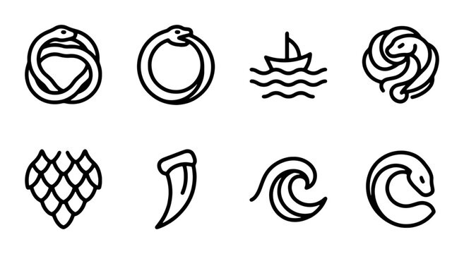Mythical Serpent Symbols, Nautical Icons, Ancient Lore Vector Graphics, Set of 8
