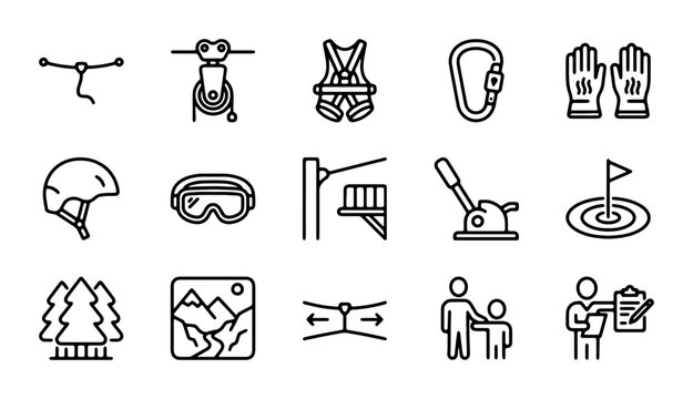 Adventure Park Icons: Zipline, Harness, Carabiner, Safety Gear, Golf, Forest, Mountains, Instruction
