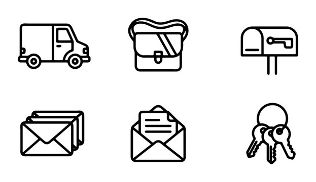 Mail Delivery Icons: Van, Satchel, Mailbox, Envelopes, Keys, Vector Set