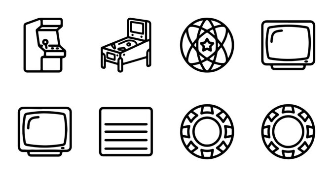Retro Arcade Machine, Pinball, Casino Chips, Vintage TV Icons: Set of 8 Vector Graphics