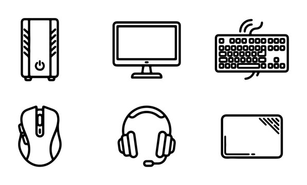 Computer Hardware Icons: PC Tower, Monitor, Keyboard, Mouse, Headphones, Trackpad, Technology Set