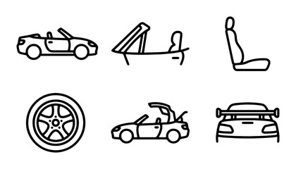 Naklejka premium Convertible Car Icons: Sports Car, Seat, Wheel, Rear View, Top Up, Open Top
