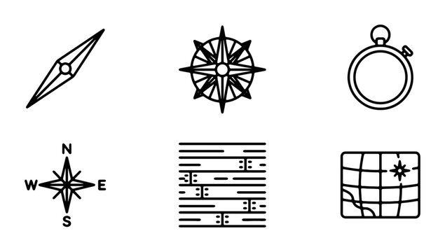 Nautical Navigation Icons: Compass, Map, Pocket Watch, Wind Rose, Vector Set