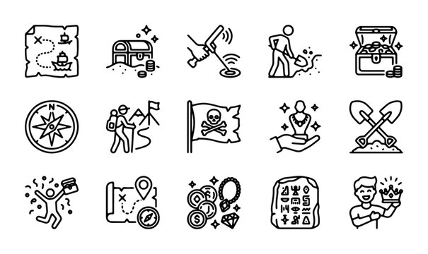 Treasure Hunt Icons: Map, Compass, Detector, Pirate Flag, Chest, Gems, Gold Coins