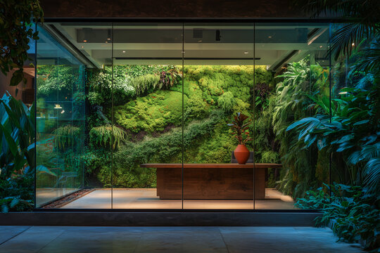 Biophilic Office Interior with Moss Wall and Wooden Desk Viewed Through Floor to Ceiling Glass Window