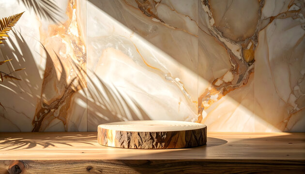 Rustic Round Wooden Slice Stand on Marble Surface with Soft Shadow, Display Mockup
