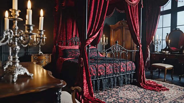 Luxurious gothic bedroom with red velvet poster bed
