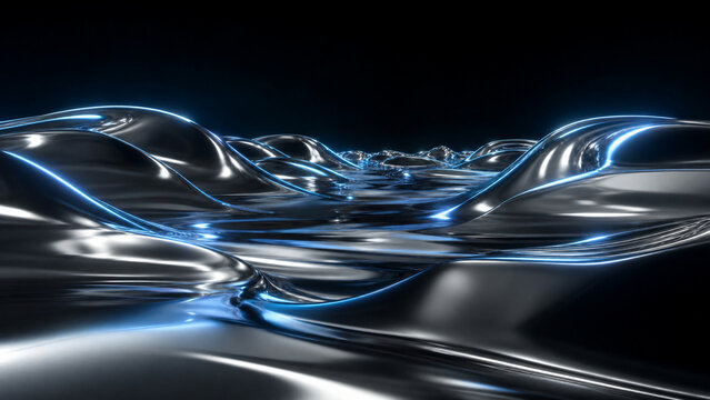 Chrome liquid metal ocean surface with blue neon edge glow eye level view abstract 3D metallic landscape background