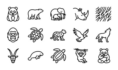 Fototapeta premium Cute Animal Icons Set, Wildlife Vector Graphics, Zoo Creatures Collection, Simple Line Art
