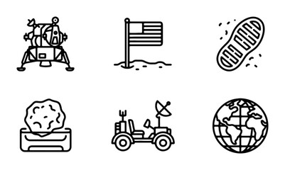 Space Exploration Icons: Lunar Lander, Flag, Footprint, Asteroid, Rover, Earth Vector Set © Siddiqe