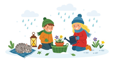 Naklejka premium Two happy children in winter clothes water a potted flower in the snow while a cat sleeps nearby on a blanket during a rainy day.
