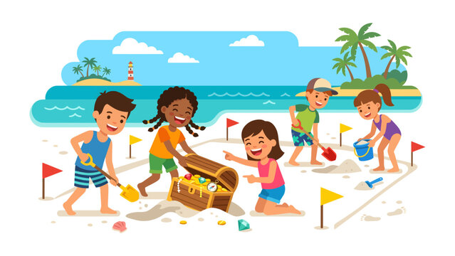 Treasure Hunt Adventure: A group of joyful children unearths a pirate treasure chest on a sunny beach, surrounded by palm trees and the ocean, embarking on a fun-filled adventure.
