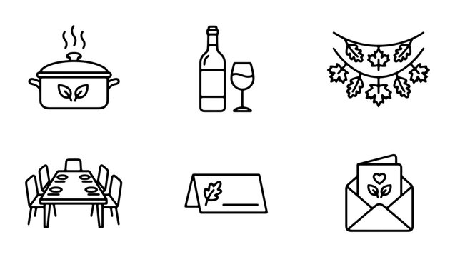 Thanksgiving Dinner Icons: Festive Food, Table Setting, Wine, Invitations, Garlands