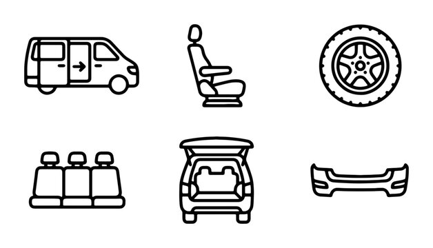 Automotive Parts & Vehicle Icons: Van, Seat, Tire, Bumper, Car Interior Elements