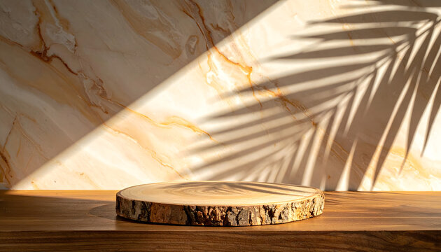 Round Wood Slab Pedestal on Beige Marble with Tropical Leaf Shadow, Mockup Background
