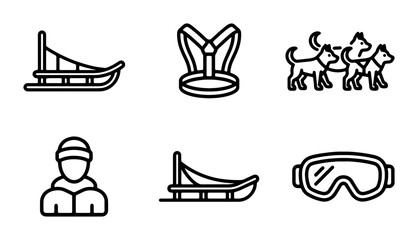 Winter Sled Dog Team Icons: Sled, Harness, Goggles, Person, Winter Sport Equipment Set © Rofiqe