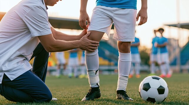 Sports doctor examining knee of soccer player on field. Physician checking injured athlete during football match. Medical assistance, trauma treatment and healthcare in professional sport.