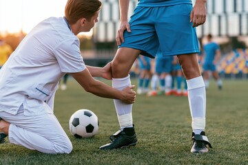 Fototapeta premium Sports doctor examining knee of injured soccer player on field. Medic assisting athlete with leg pain during football match. Professional medical help, injury treatment and recovery.