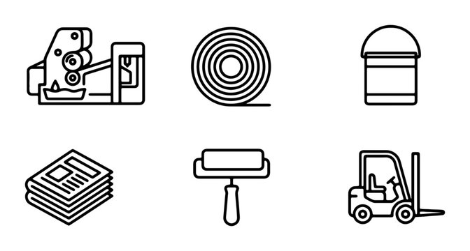 Printing Press, Roll, Paint Bucket, Newspaper Stack, Roller, Forklift Icons: Graphic Design Elements