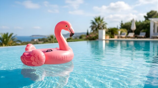 Pink flamingo pool floatie swimming in a luxury infinity pool at sunset