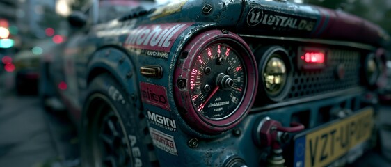 Obraz premium Vintage rusty car with a striking red gauge. 64k 8k widescreen, HDR,