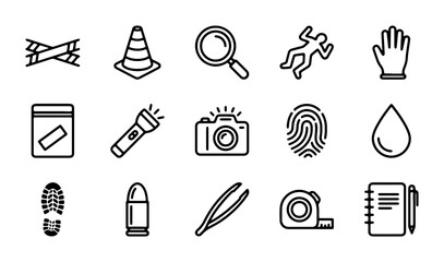 Fototapeta premium Crime Scene Investigation Icons, Forensic Evidence Vector Set, Detective Tools and Clues Collection