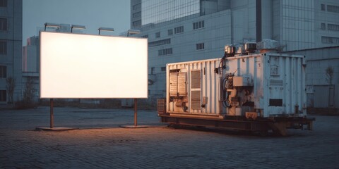 Obraz premium Billboard and industrial container in a cityscape under dim lighting conditions
